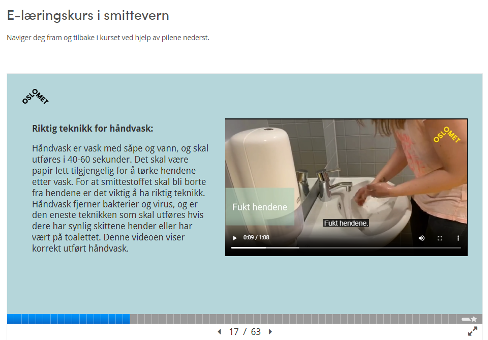 Bildet viser et utsnitt av OsloMet sitt kurs for smittevern som tar for seg håndvask, med tekstlig instruks på venstre side og en video som viser håndvaskteknikk på høyre side.