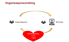 Illustrasjon av digitalisering i UDI, som viser at organisasjonsutvikling og teknologi er viktige komponenter i samspill.